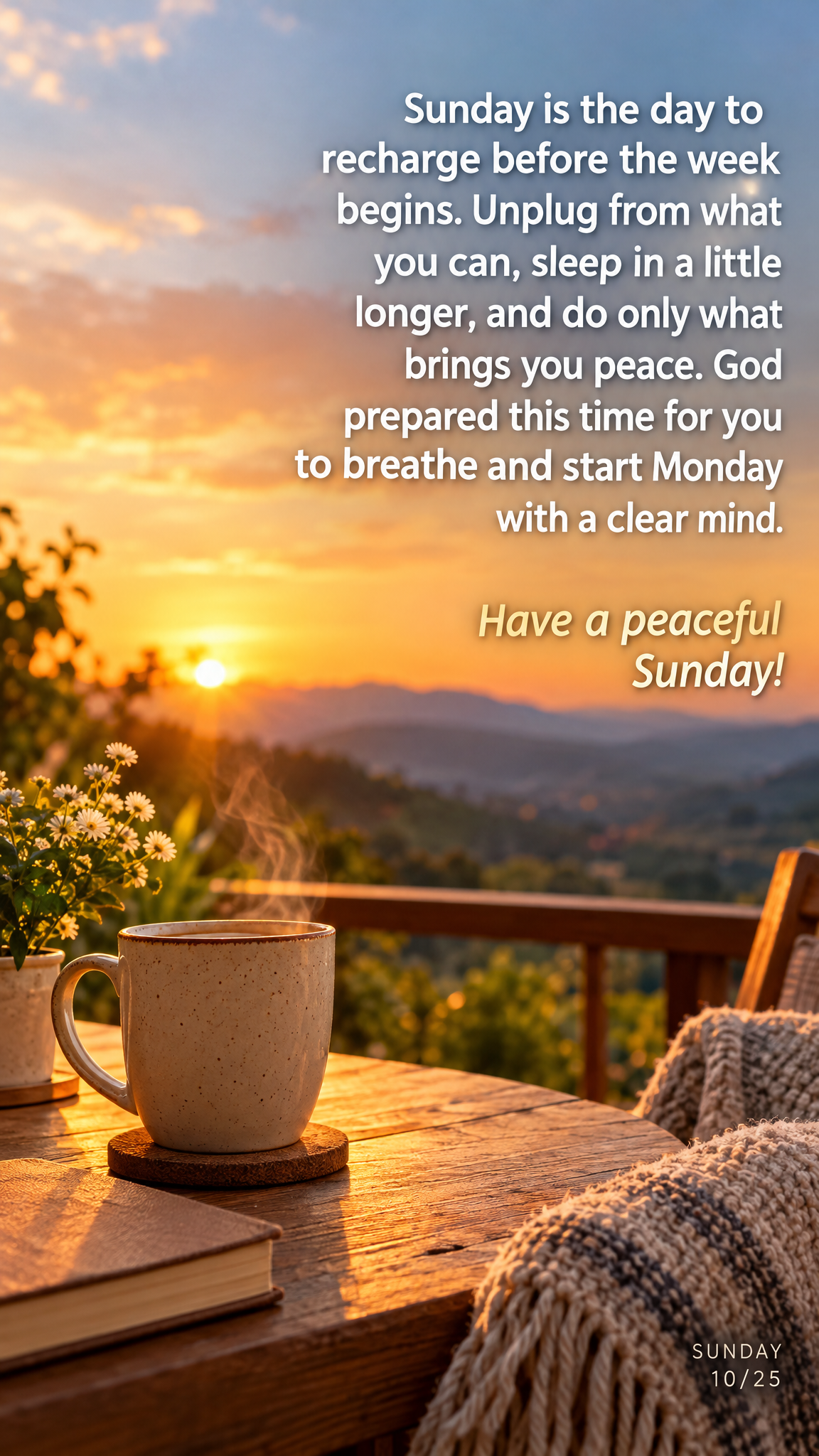 Sunday is the day to recharge before the week begins. Unplug from what you can, sleep in a little longer, and do only what brings you peace. God prepared...