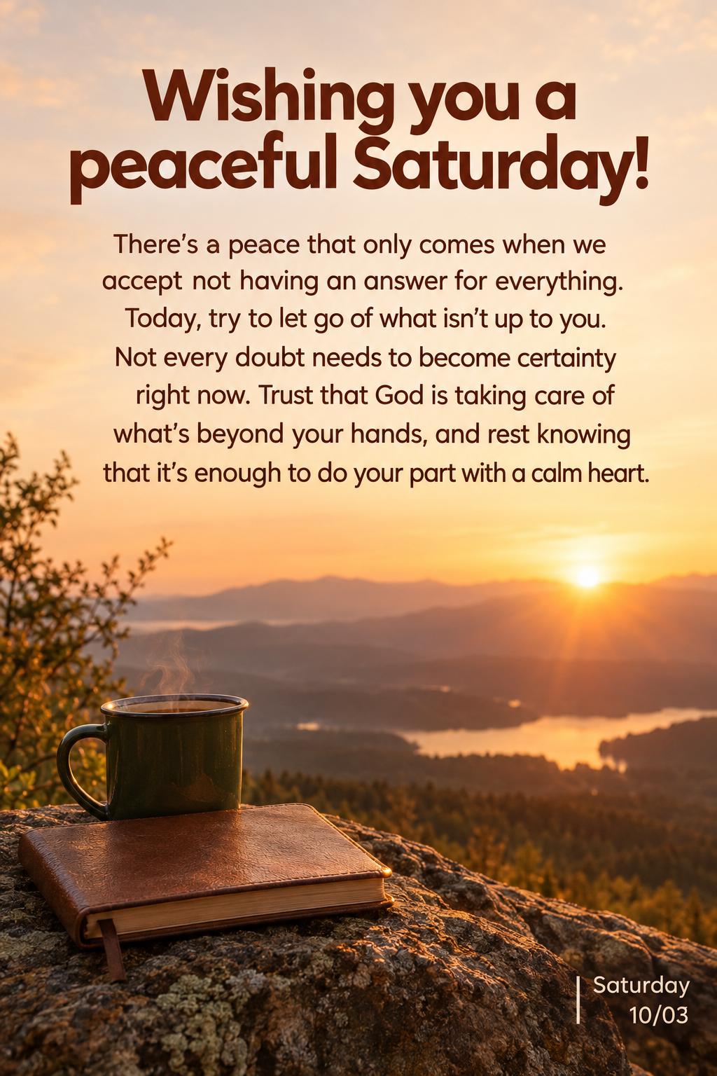 There's a peace that only comes when we accept not having an answer for everything. Today, try to let go of what isn't up to you. Not every doubt needs t...