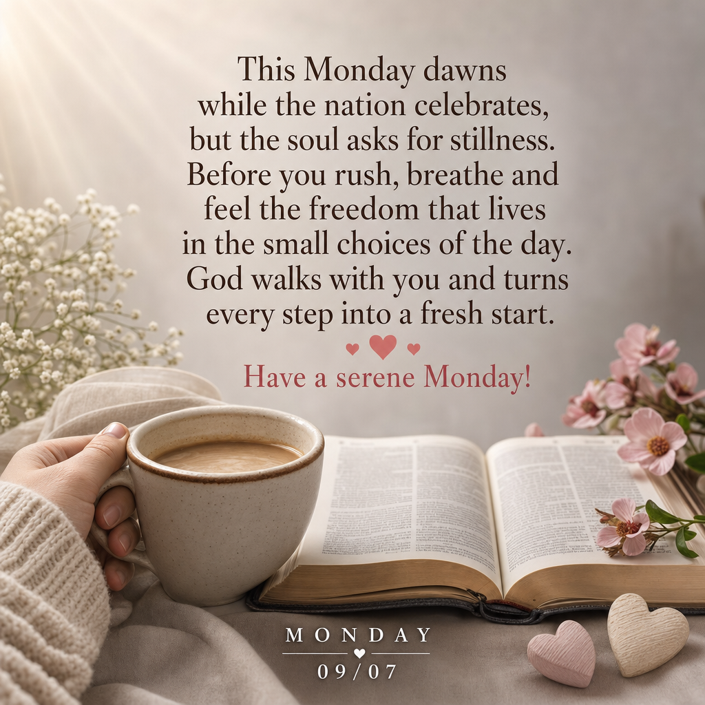 This Monday dawns while the nation celebrates, but the soul asks for stillness. Before you rush, breathe and feel the freedom that lives in the small cho...