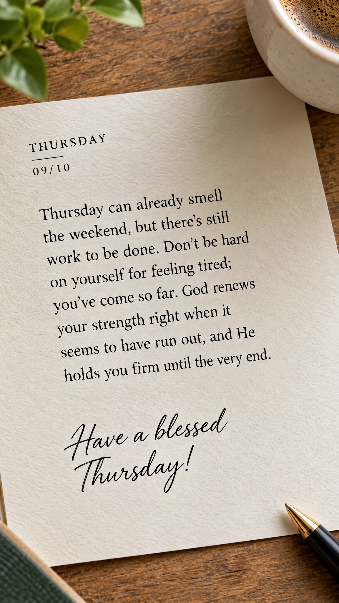 Thursday can already smell the weekend, but there's still work to be done. Don't be hard on yourself for feeling tired; you've come so far. God renews yo...