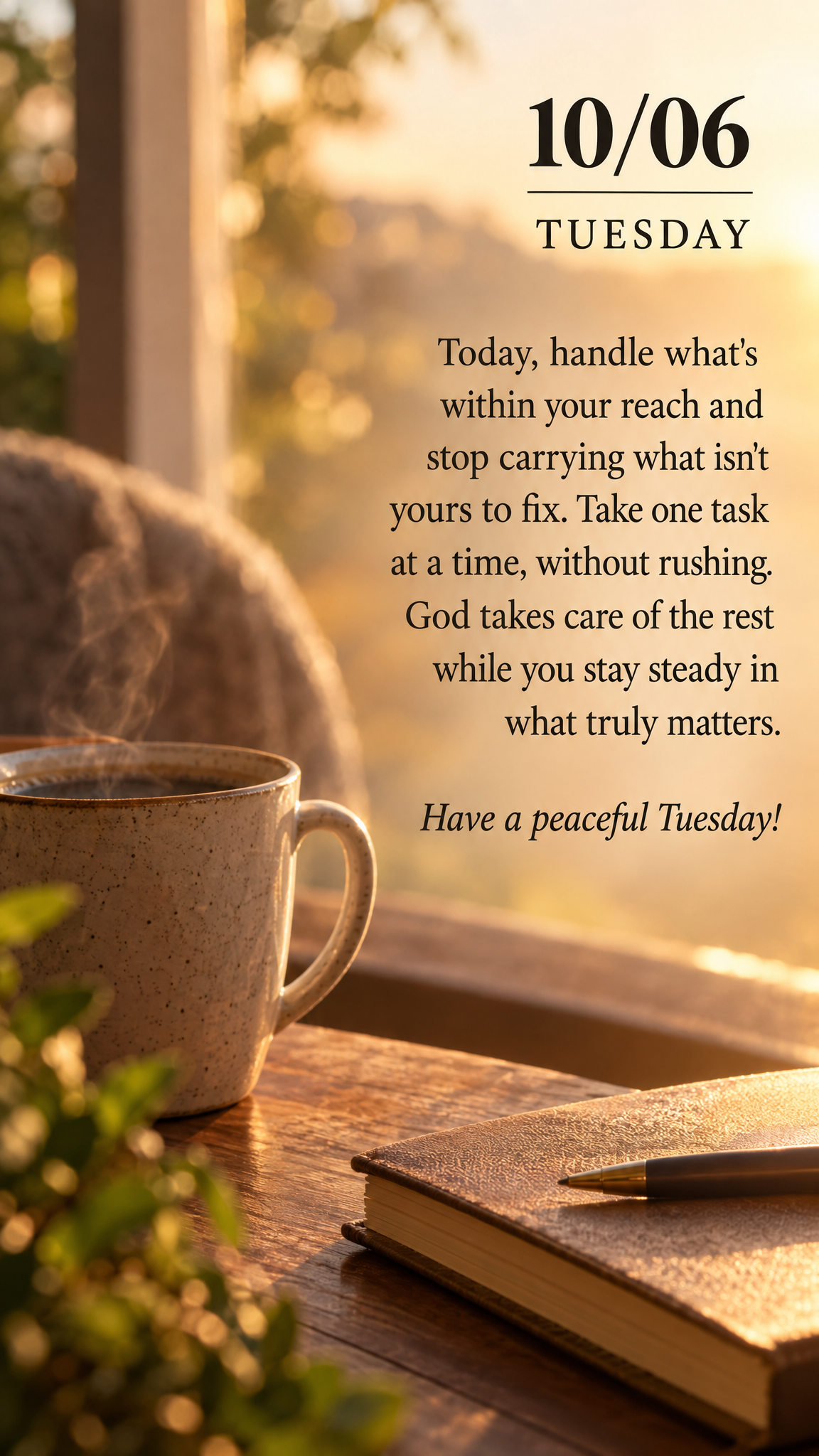 Today, handle what's within your reach and stop carrying what isn't yours to fix. Take one task at a time, without rushing. God takes care of the rest wh...