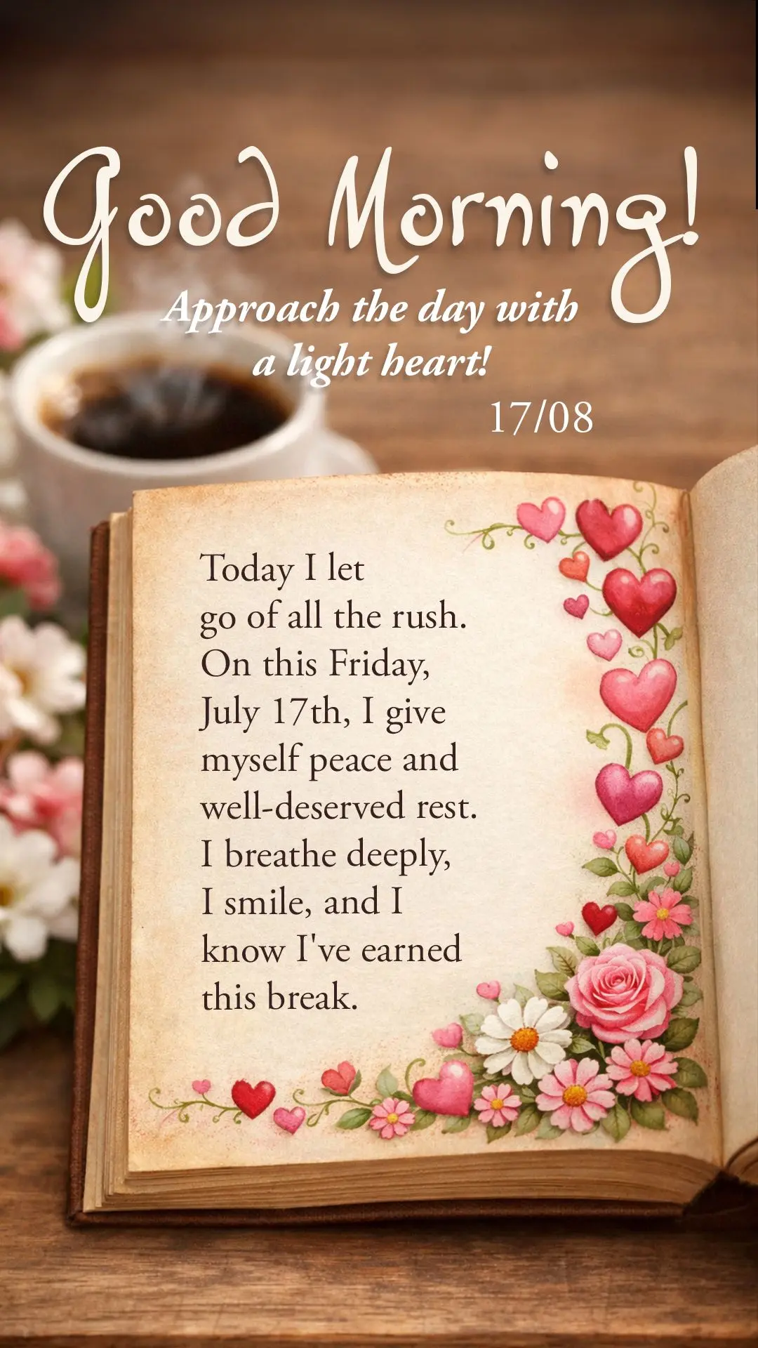 Today I let go of all the rush. On this Friday, July 17th, I give myself peace and well-deserved rest. I breathe deeply, I smile, and I know I've earned ...