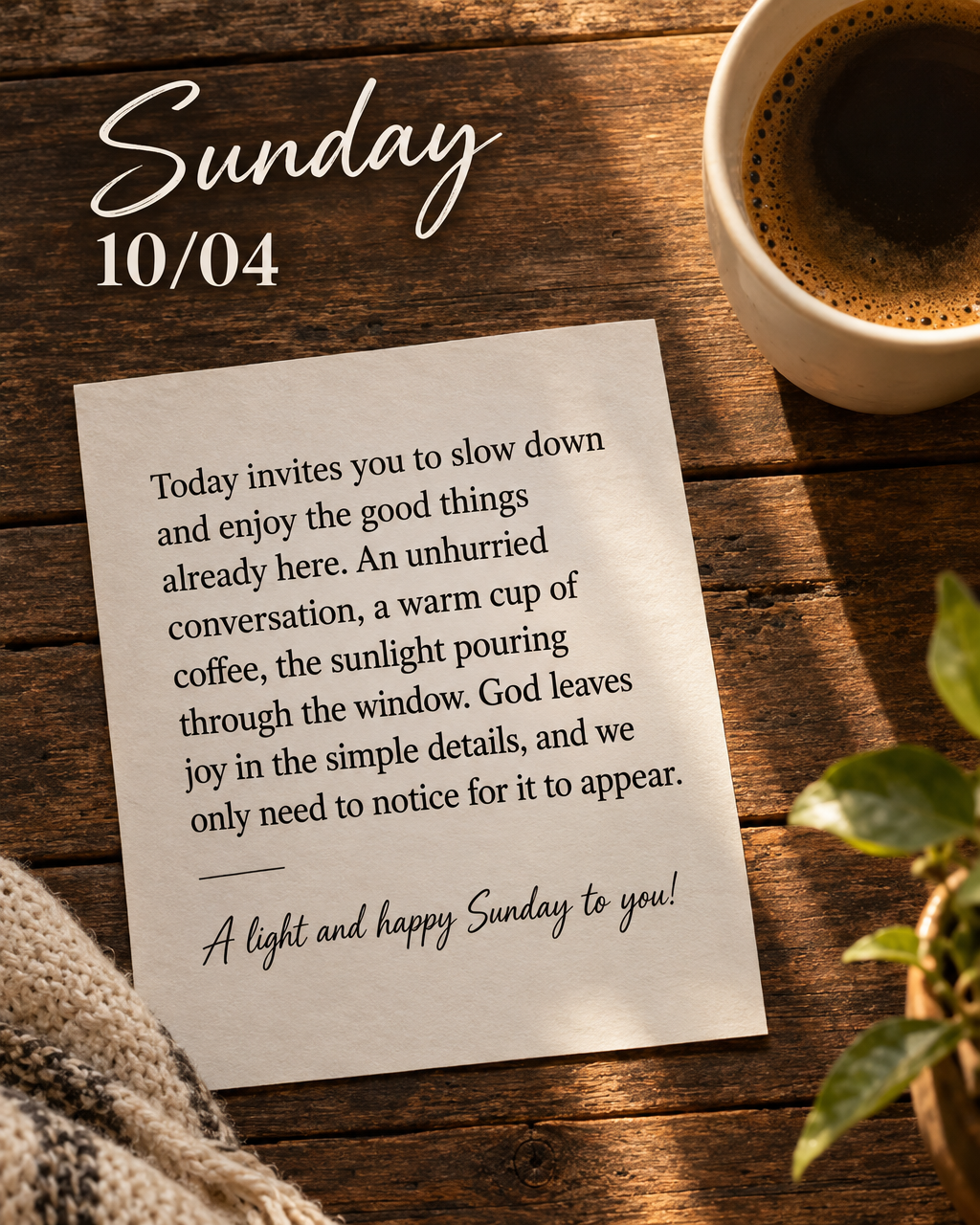 Today invites you to slow down and enjoy the good things already here. An unhurried conversation, a warm cup of coffee, the sunlight pouring through the ...
