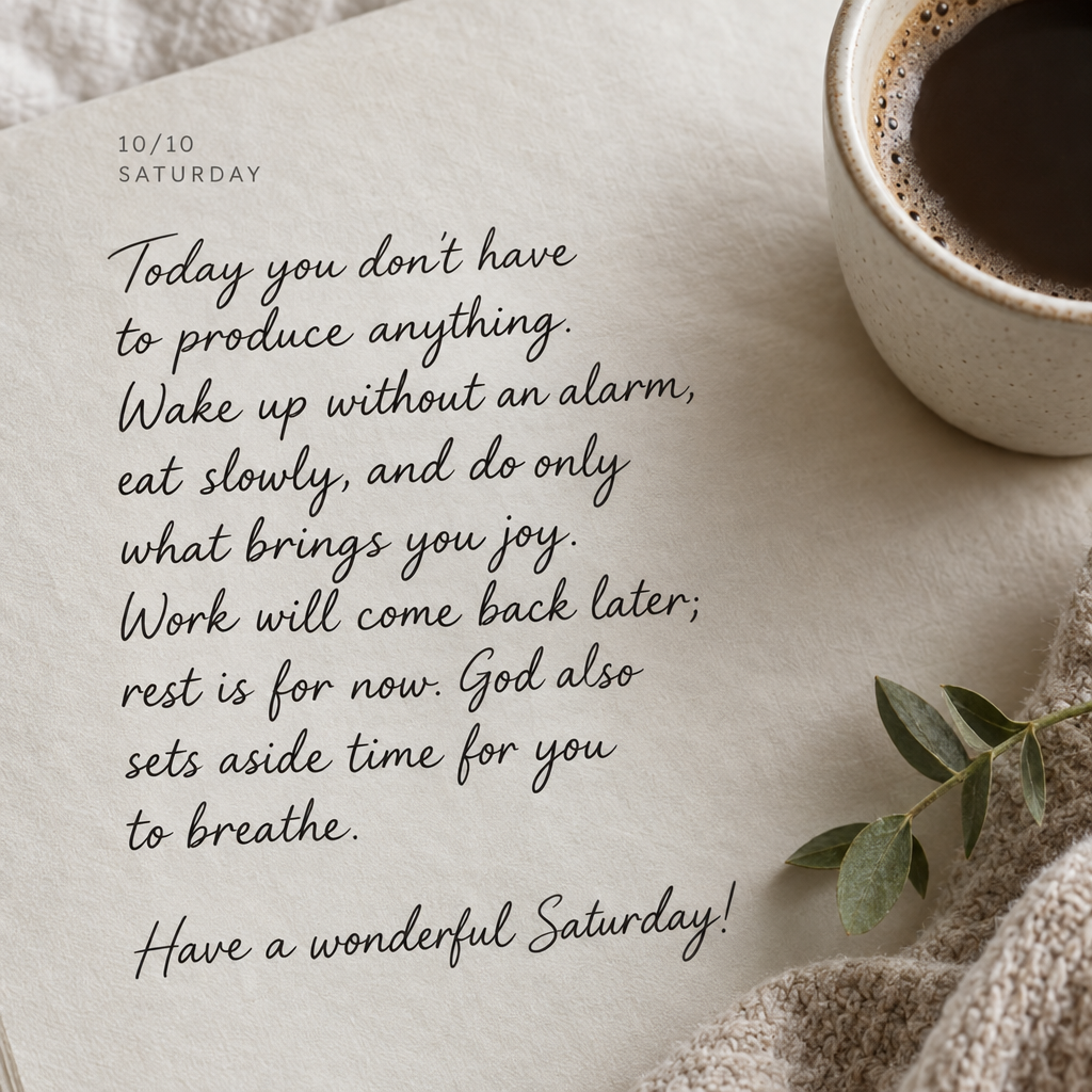 Today you don't have to produce anything. Wake up without an alarm, eat slowly, and do only what brings you joy. Work will come back later; rest is for n...