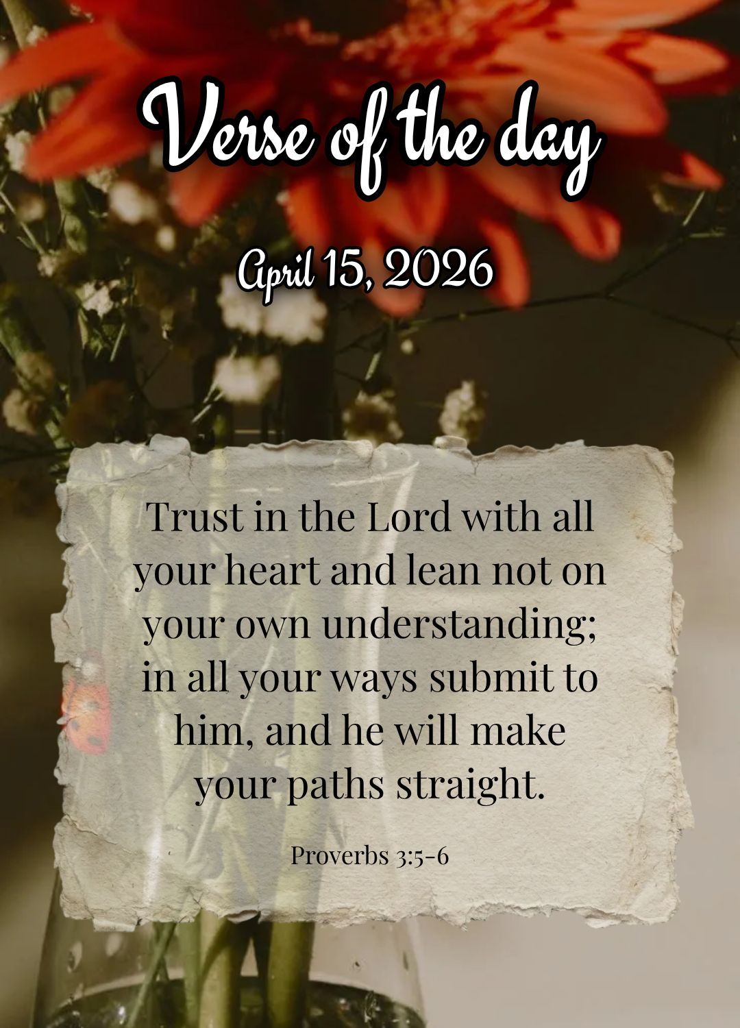 Trust in the Lord with all your heart and lean not on your own understanding; in all your ways submit to him, and he will make your paths straight. Verse...