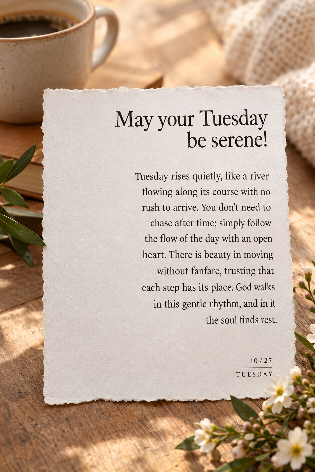 Tuesday rises quietly, like a river flowing along its course with no rush to arrive. You don't need to chase after time; simply follow the flow of the da...