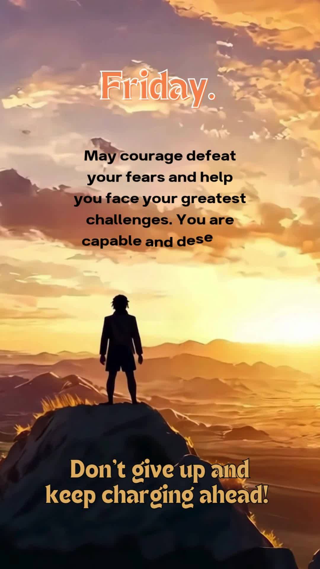 May courage defeat your fears and help you face your greatest challenges. You are capable and deserve to win your battles. Don't give up and keep chargin...