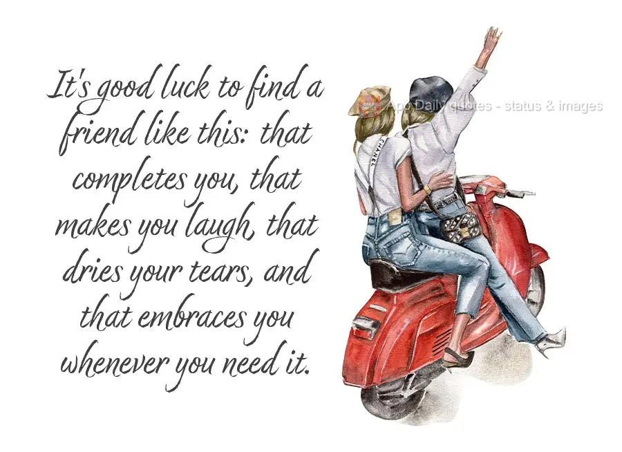 It's good luck to find a friend like this: that completes you, that makes you laugh, that dries your tears, and that embraces you whenever you need it....