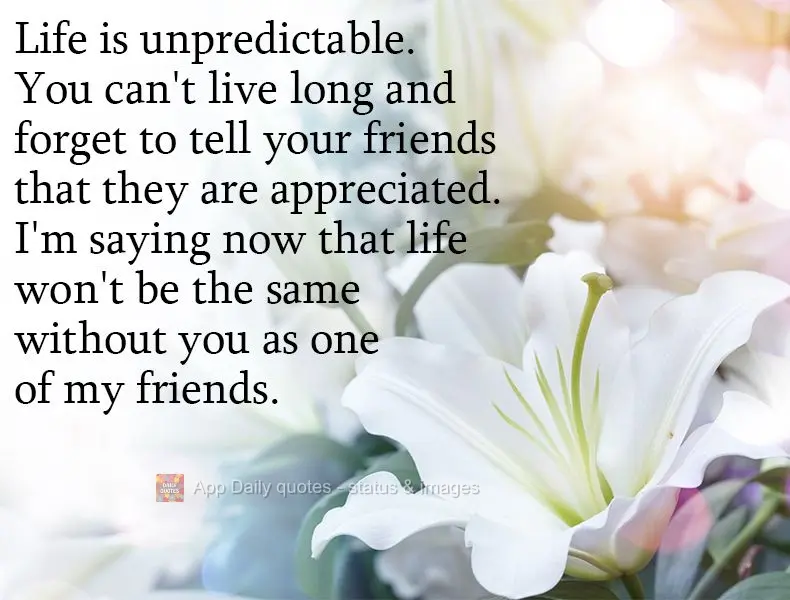 Life is unpredictable. You can end up without a long life, never having told your friends that they are appreciated. I'm saying now that life wouldn't be...