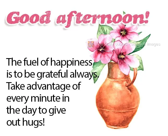 The fuel of happiness is to be grateful always. Take advantage of every minute in the day to give out hugs! Good afternoon! 
