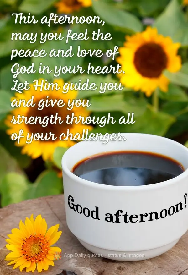 This afternoon, may you feel the peace and love of God in your heart. Let Him guide you and give you strength through all of your challenges. Good aftern...