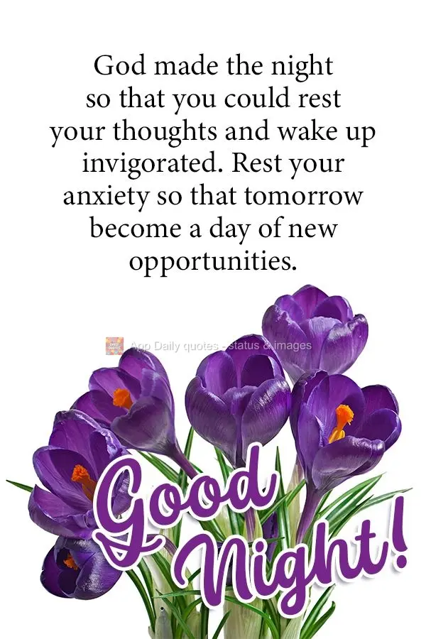 God made the night so that you could rest your thoughts and wake up invigorated. Rest your anxiety so that tomorrow can be a day of new opportunities. Go...