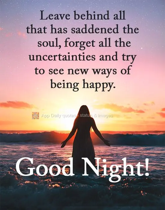 Leave behind all that has saddened the soul, forget all the uncertainties, and try to see new ways of being happy. Good Night!