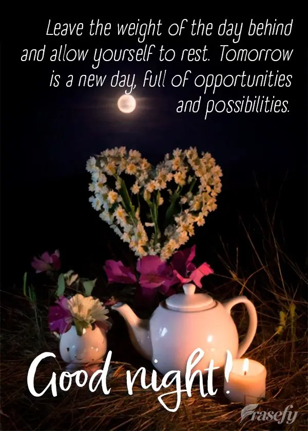 Leave the weight of the day behind and allow yourself to rest. Tomorrow is a new day, full of opportunities and possibilities. Good night!
