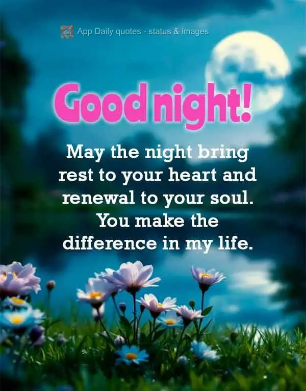 May the night bring rest to your heart and renewal to your soul. You make the difference in my life. Good night!