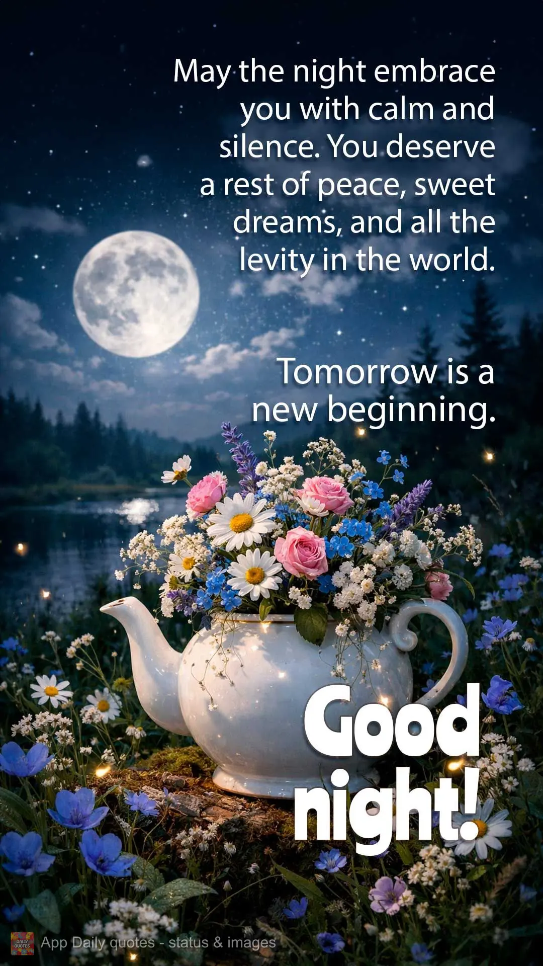 May the night embrace you with calm and silence. You deserve a rest of peace, sweet dreams, and all the levity in the world. Tomorrow is a new beginning....