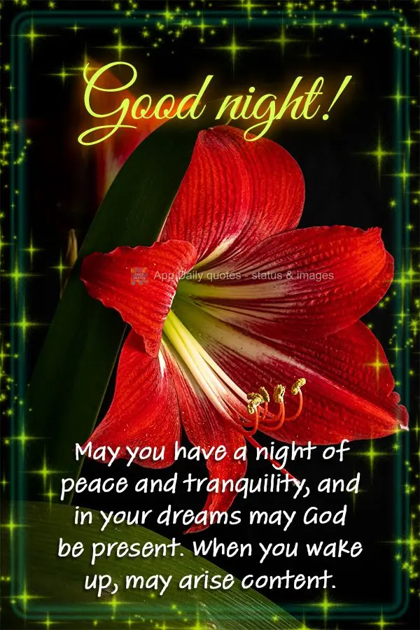 May you have a night of peace and tranquility, and may God be present in your dreams. When you wake up, may you be content. Good night!