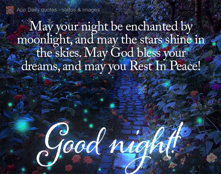 May your night be enchanted by moonlight, and may the stars shine in the skies. May God bless your dreams, and may you rest well! Good night!