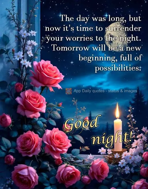 The day was long, but now it's time to surrender your worries to the night. Tomorrow will be a new beginning, full of possibilities. Good night!