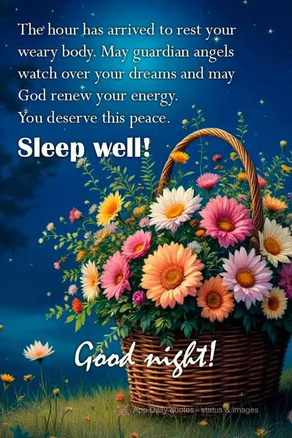 The hour has arrived to rest your weary body. May guardian angels watch over your dreams and may God renew your energy. You deserve this peace. Sleep wel...