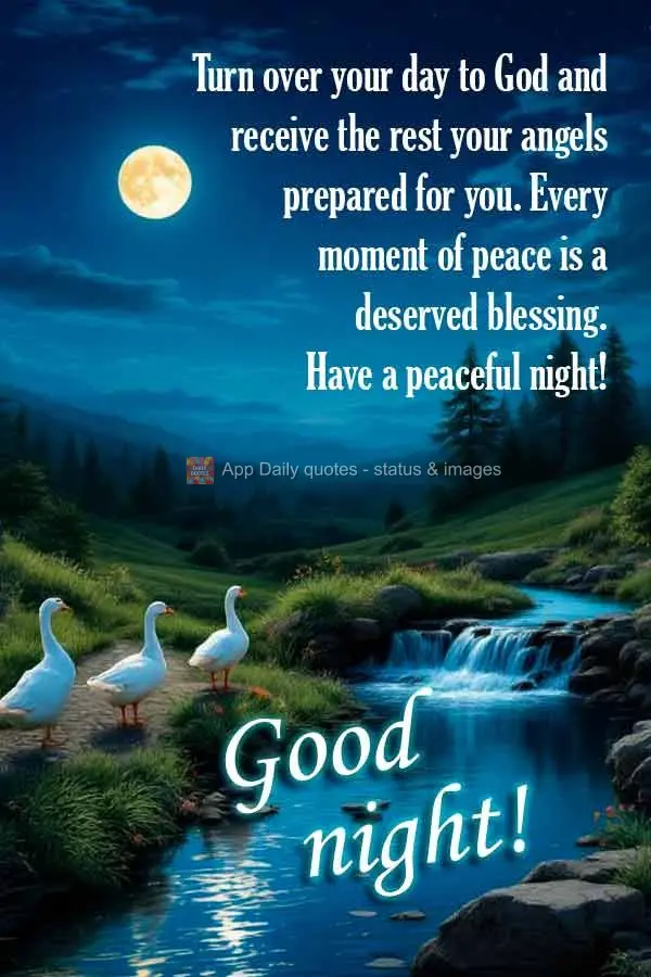 Turn over your day to God and receive the rest your angels prepared for you. Every moment of peace is a deserved blessing. Have a peaceful night! Good ni...