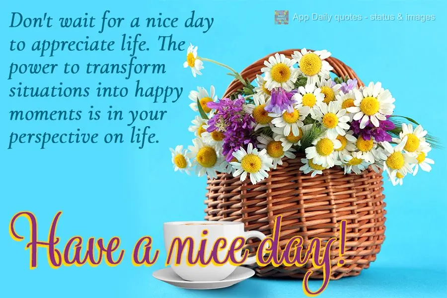 Don't wait for a nice day to appreciate life. The power to transform situations into happy moments is in your perspective on life. Have a nice day!