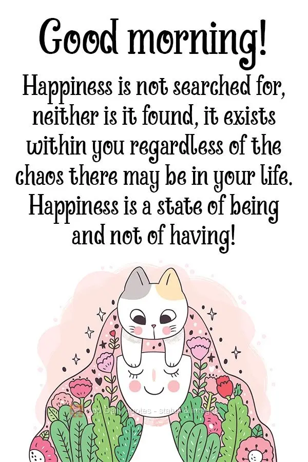 Happiness is not searched for, neither is it found. It exists within you regardless of the chaos there may be in your life. Happiness is a state of being...