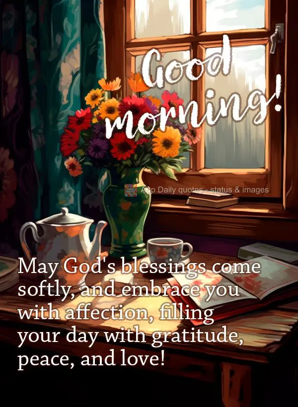 May God's blessings come softly, and embrace you with affection, filling your day with gratitude, peace, and love! Good morning!