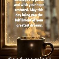 May you wake up enveloped in peace and with your hope restored. May this day bring you the fulfillment of your greatest dreams. Good morning!