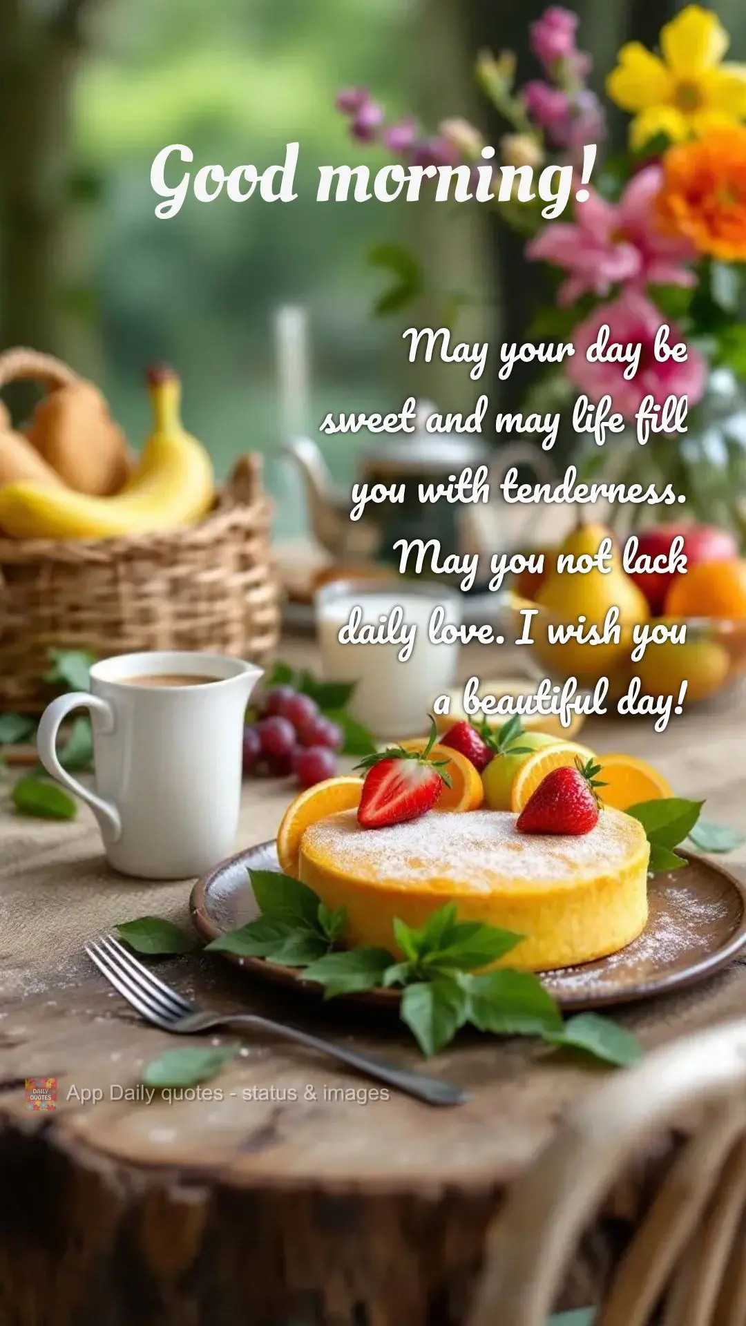 May your day be sweet and may life fill you with tenderness. May you not lack daily love. I wish you a beautiful day! Good morning!
