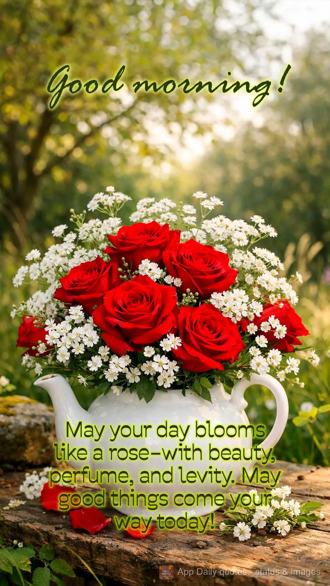 May your day blooms like a rose–with beauty, perfume, and levity. May good things come your way today! Good morning!