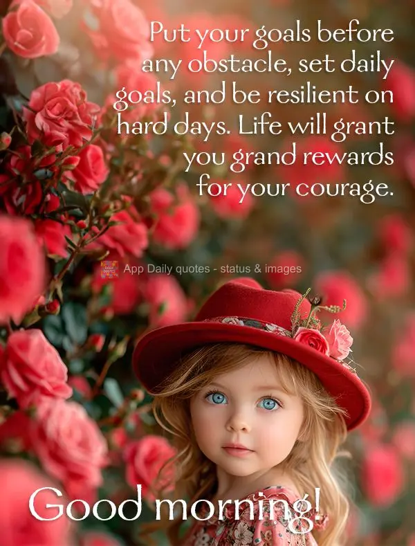 Put your goals before any obstacle, set daily goals, and be resilient on hard days. Life will grant you grand rewards for your courage. Good morning!