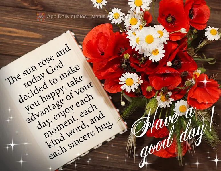 The sun rose and today God decided to make you happy, take advantage of your day, enjoy each moment, each kind word, and each sincere hug. Have a good da...