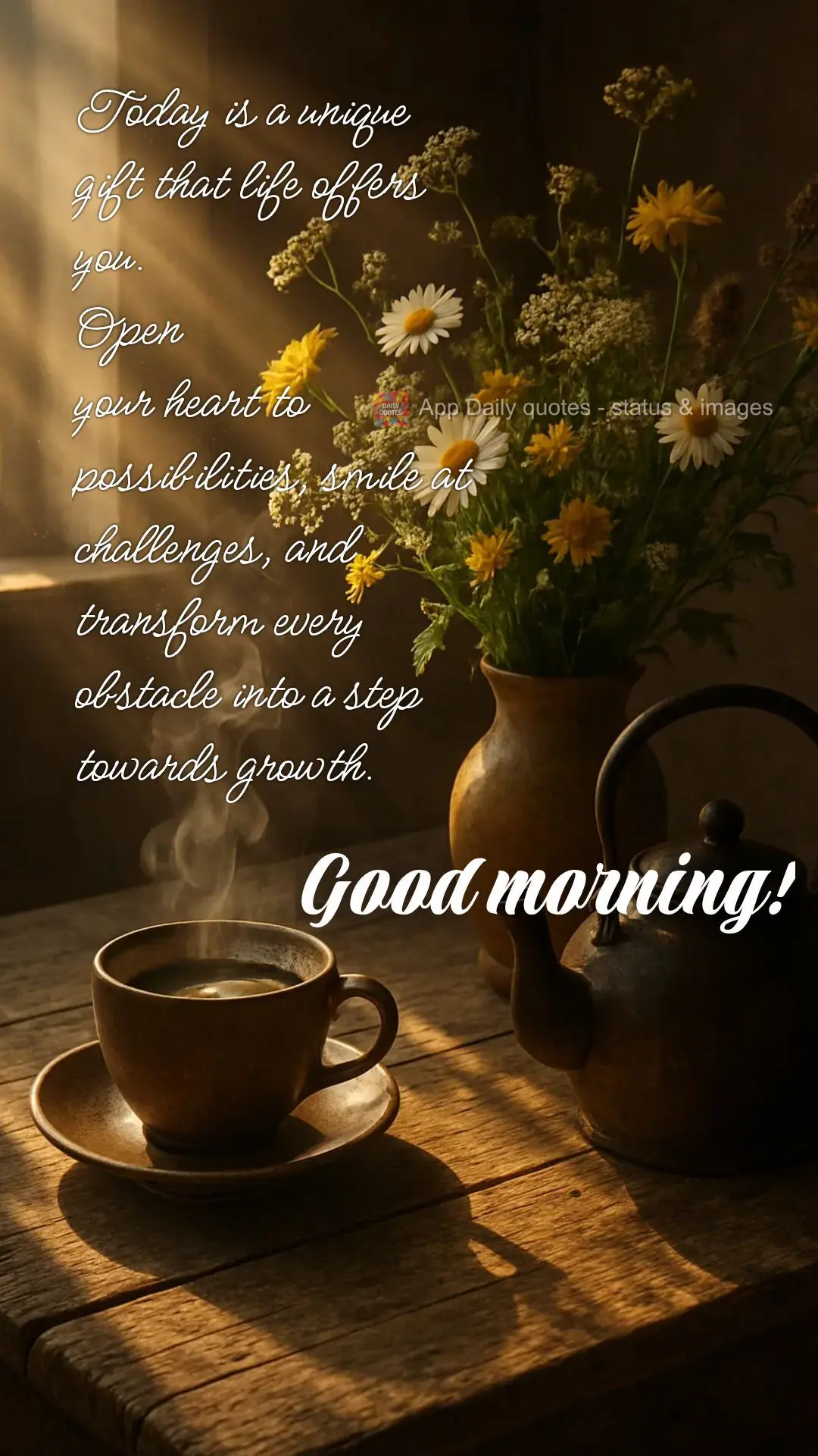 Today is a unique gift that life offers you.
Open
your heart to possibilities, smile at challenges, and transform every obstacle into a step towards gr...