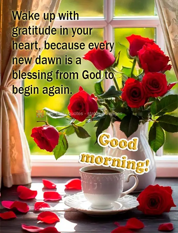 Wake up with gratitude in your heart, because every new dawn is a blessing from God to begin again. Good morning!