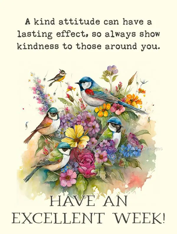 A kind attitude can have a lasting effect, so always show kindness to those around you. Have an excellent week!