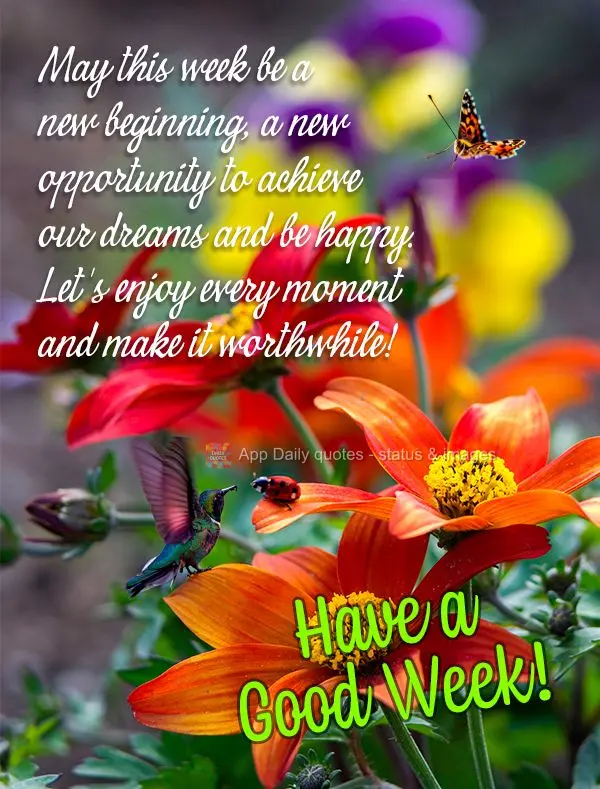May this week be a new beginning, a new opportunity to achieve our dreams and be happy. Let's enjoy every moment and make it worthwhile! Have a Good Week...