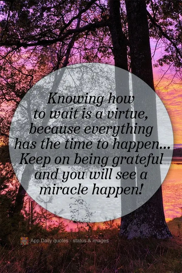 Knowing how to wait is a virtue, because everything happens in its own time...Keep on being grateful and you will watch a miracle unfold!