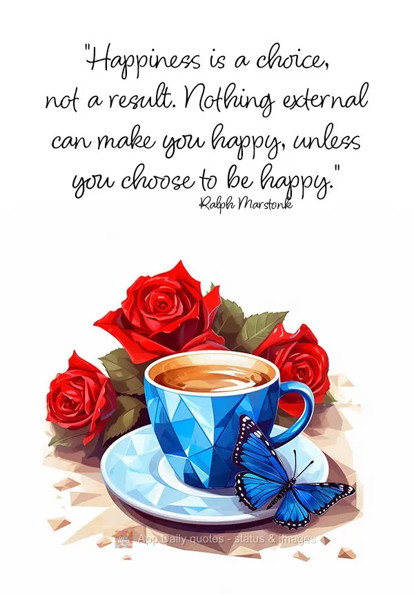 "Happiness is a choice, not a result. Nothing external can make you happy, unless you choose to be happy." Ralph Marstonk