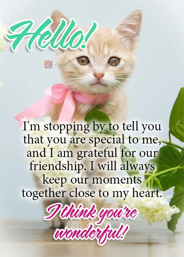 Hello! I'm stopping by to tell you that you are special to me, and I am grateful for our friendship. I will always keep our moments together close to my ...