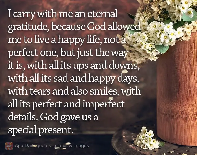 I carry with me an eternal gratitude, because God allowed me to live a happy life, not a perfect one, but just the way it is, with all its ups and downs,...