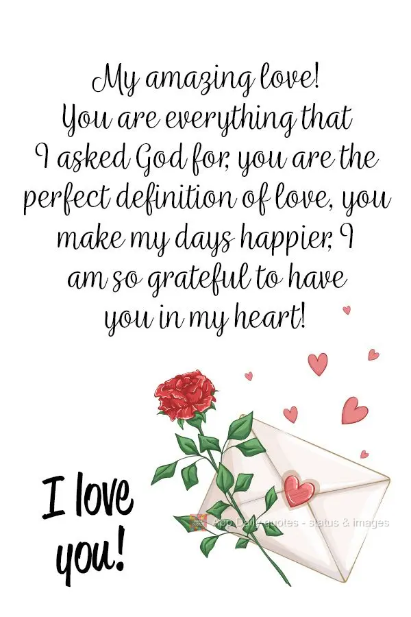 My amazing love! You are everything that I asked God for, you are the perfect definition of love, you make my days happier, I am so grateful to have you ...