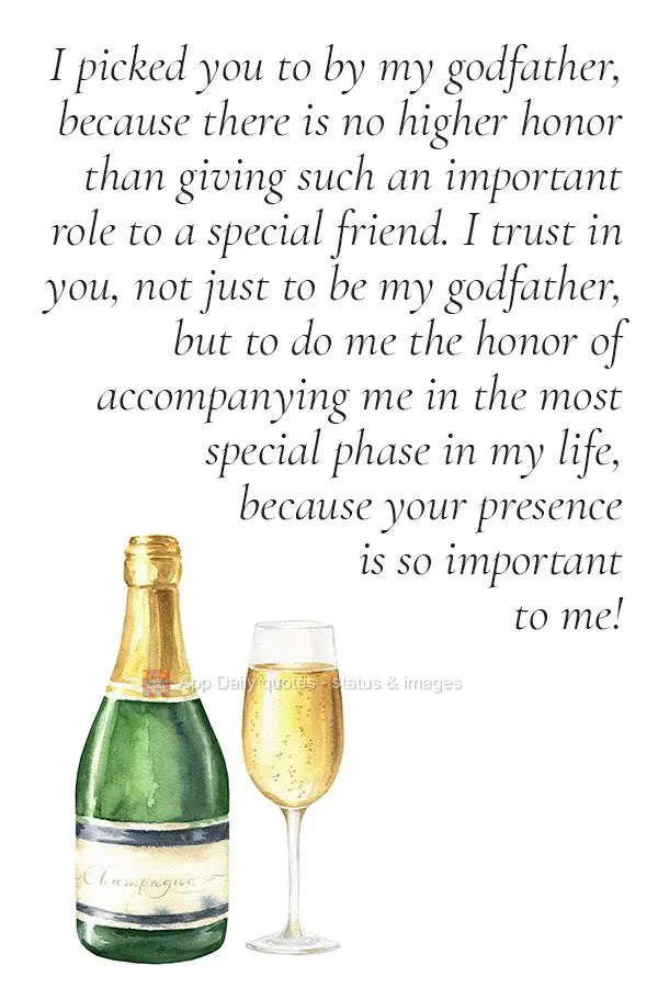 I picked you to by my godfather, because there is no higher honor than giving such an important role to a special friend. I trust in you, not just to be ...
