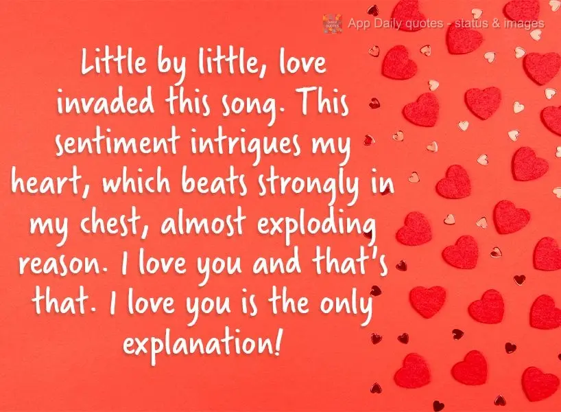 Little by little, love invaded this song. This sentiment intrigues my heart, which beats strongly in my chest, almost exploding the reason. I love you an...
