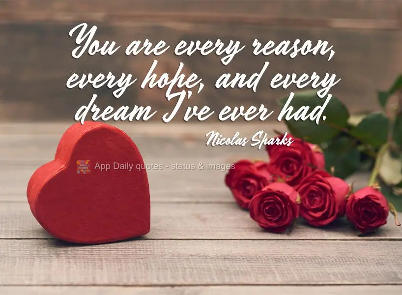 You are every reason, every hope, and every dream I've ever had.  Nicolas Sparks