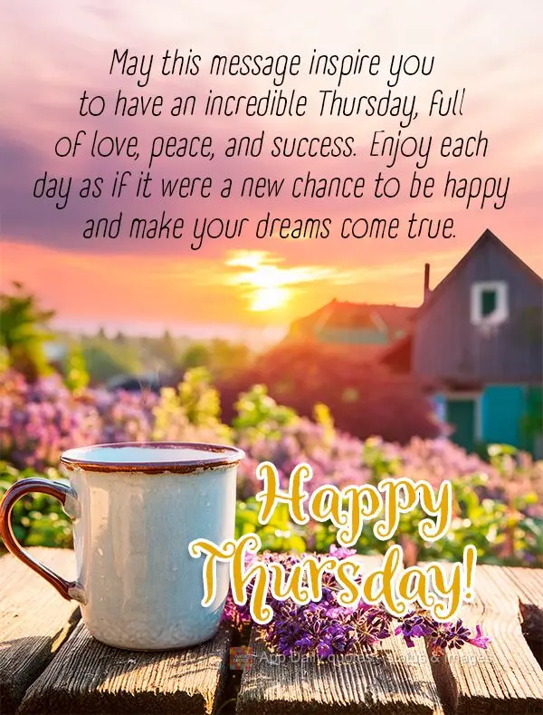 May this message inspire you to have an incredible Thursday, full of love, peace, and success. Enjoy each day as if it were a new chance to be happy and ...