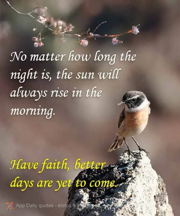 "No matter how long the night is, the sun will always rise in the morning. Have faith, better days are yet to come."