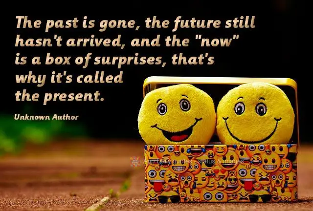 The past is gone, the future still hasn't gotten here, and the "now" is a box of surprises, that's why it's called the present. Unknown Author