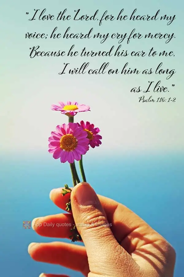 "I love the Lord, for He heard my voice; He heard my cry for mercy. Because He turned His ear to me, I will call on Him as long as I live." Psalm 116: 1-...