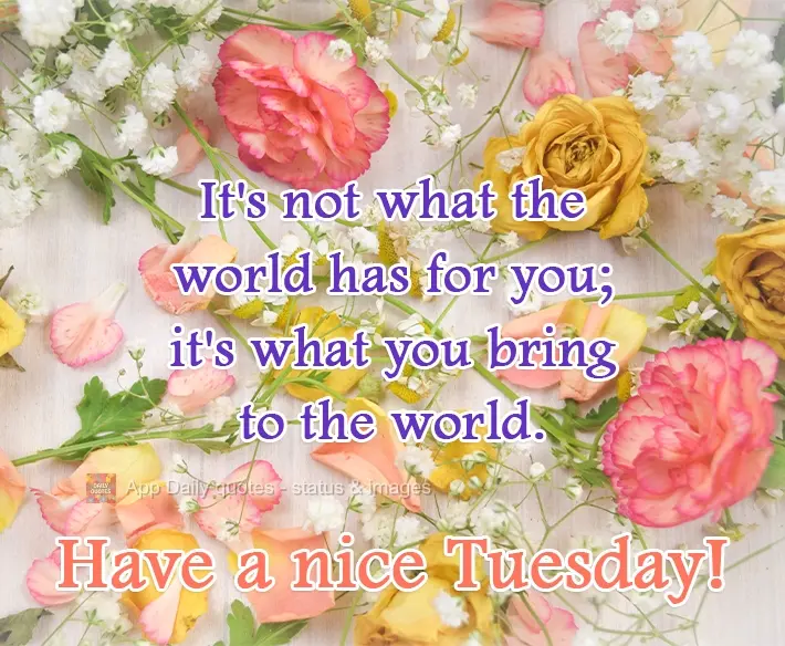 It's not what the world has for you; it's what you bring to the world. Have a nice Tuesday!